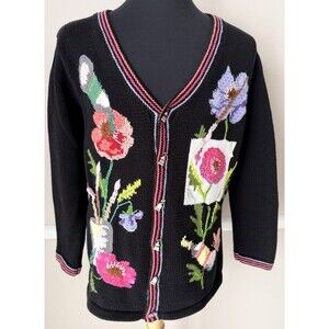 Storybook Knits Easel Paints Sweater Cardigan L Embroidered Floral Art Teacher